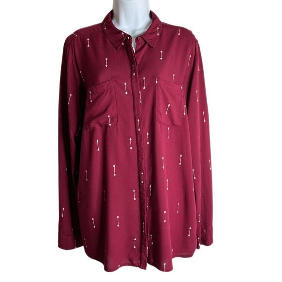 Sonoma Women's Button Up Shirt Size L Arrow Print Burgundy Red Long Sleeve Rayon - Picture 1 of 7